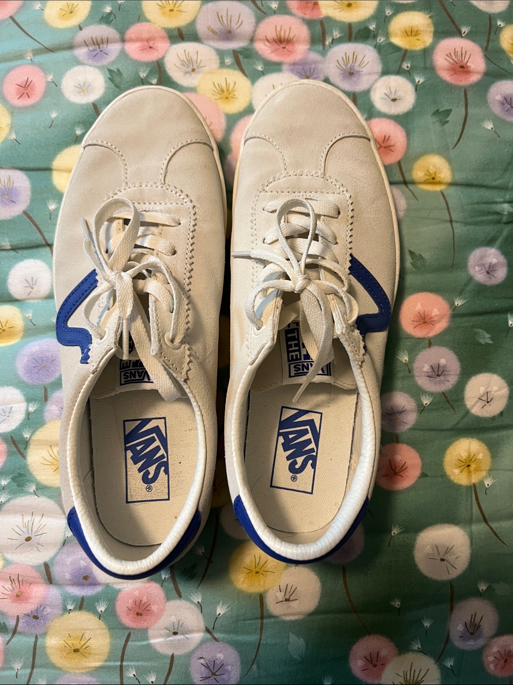 Vans White Leather Low-Top Sneakers With Blue Trim